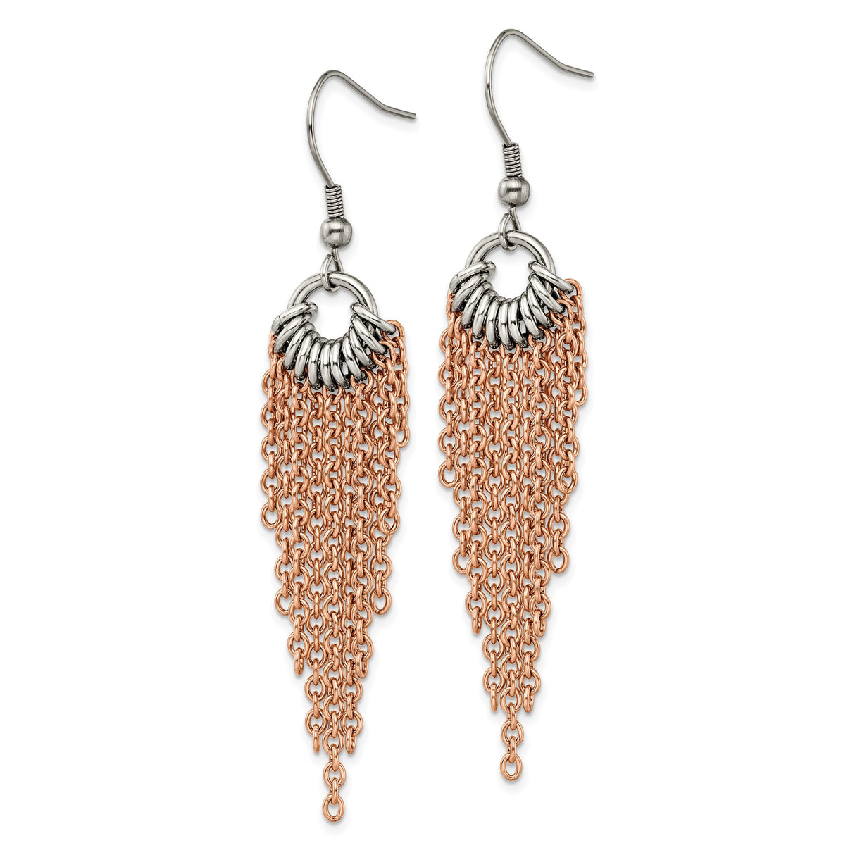 Stainless Steel Dangle Earrings with Rose Gold Tone Tassel Chains and Silver Tone Accents
