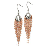 Stainless Steel Dangle Earrings with Rose Gold Tone Tassel Chains and Silver Tone Accents