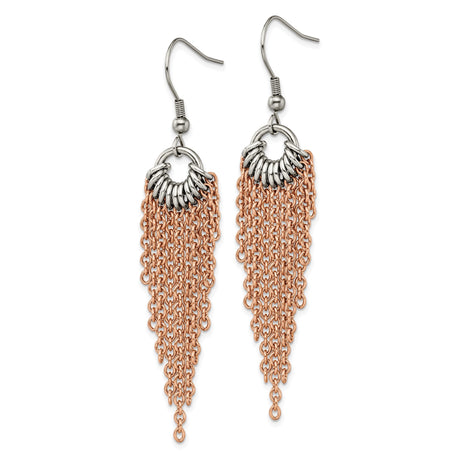 Stainless Steel Dangle Earrings with Rose Gold Tone Tassel Chains and Silver Tone Accents