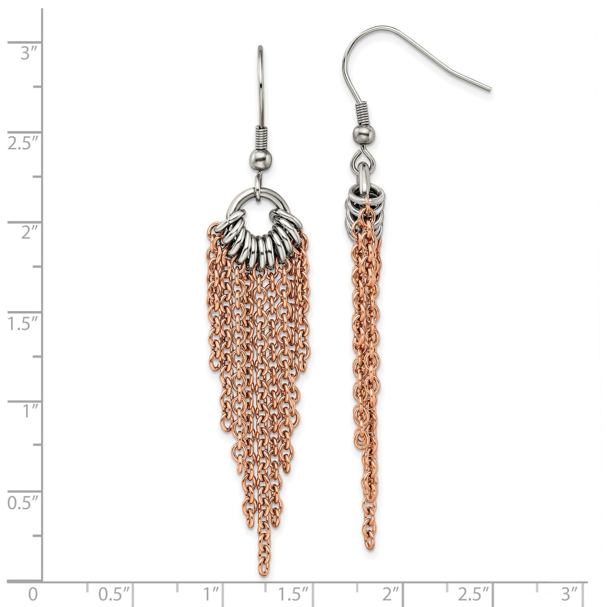 Stainless Steel Dangle Earrings with Rose Gold Tone Tassel Chains and Silver Tone Accents