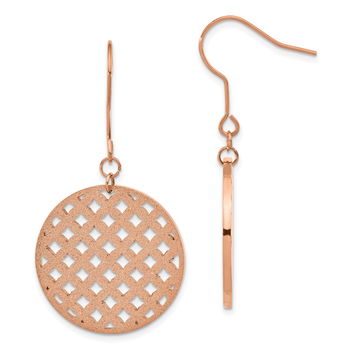 Stainless Steel Dangle Earrings with Rose Gold Round Lattice Cutout Disc Design