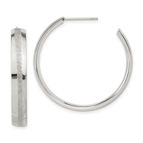 Stainless Steel Hoop Earrings, Polished Finish with Textured Stripe, Minimalist Lightweight Design