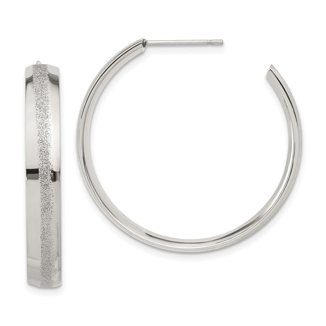 Stainless Steel Hoop Earrings, Polished Finish with Textured Stripe, Minimalist Lightweight Design