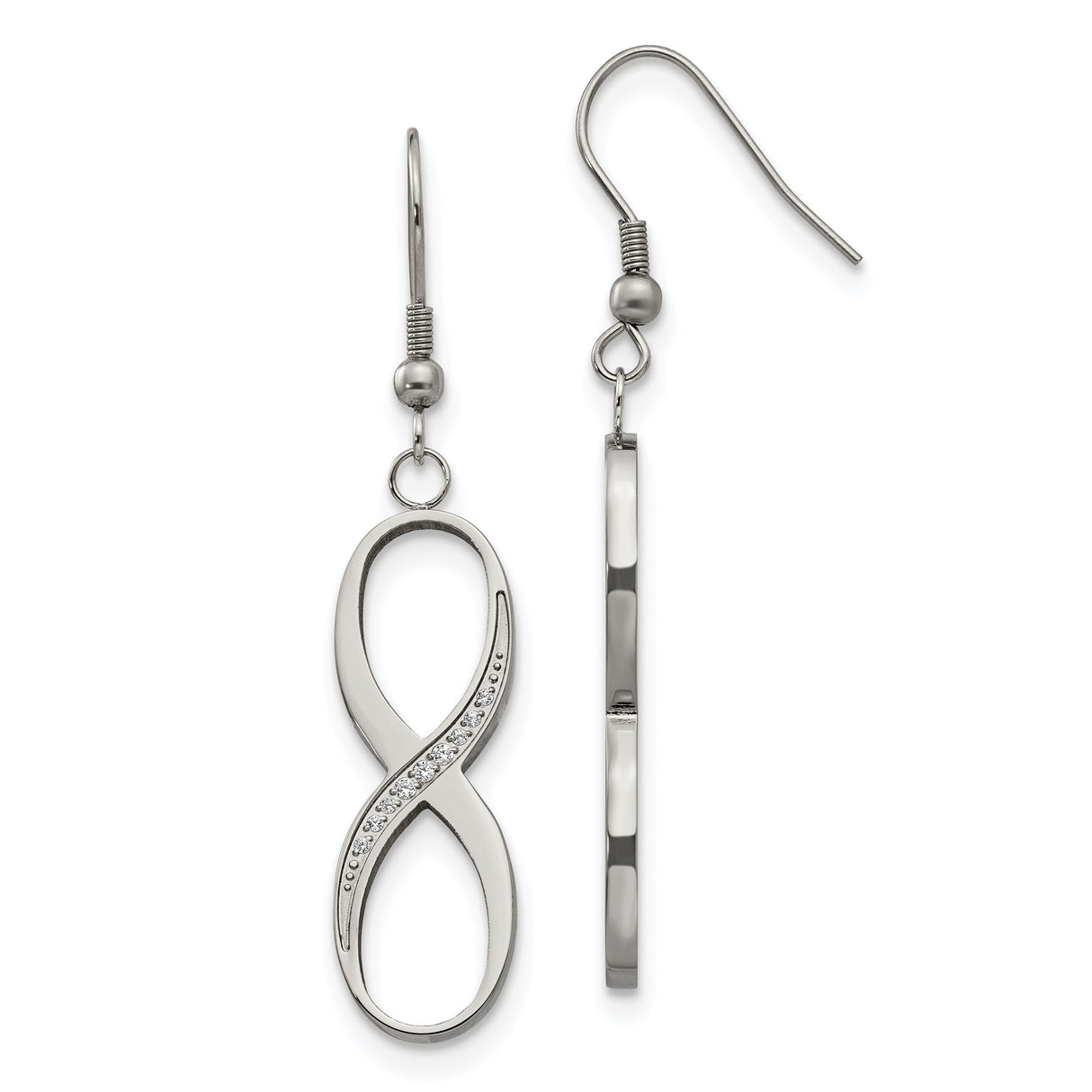 Stainless Steel Dangle Earrings with Cubic Zirconia, Infinity Symbol Drop Design