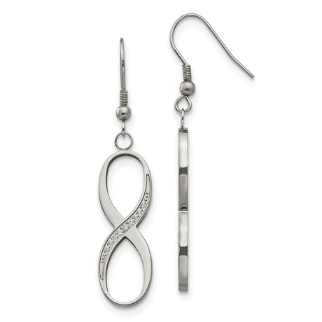 Stainless Steel Dangle Earrings with Cubic Zirconia, Infinity Symbol Drop Design