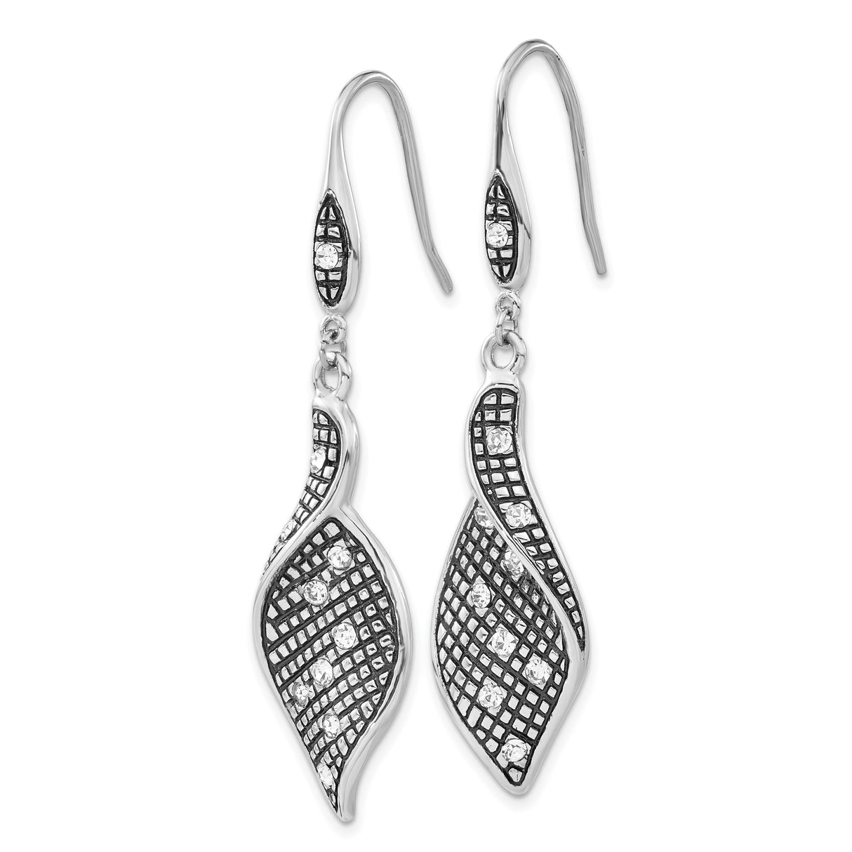 Stainless Steel Dangle Earrings with Clear Crystal, Abstract Wave and Leaf Design