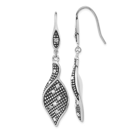 Stainless Steel Dangle Earrings with Clear Crystal, Abstract Wave and Leaf Design