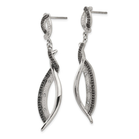 Stainless Steel Dangle Earrings with Cubic Zirconia, Twisted Design, Black and Clear Crystals
