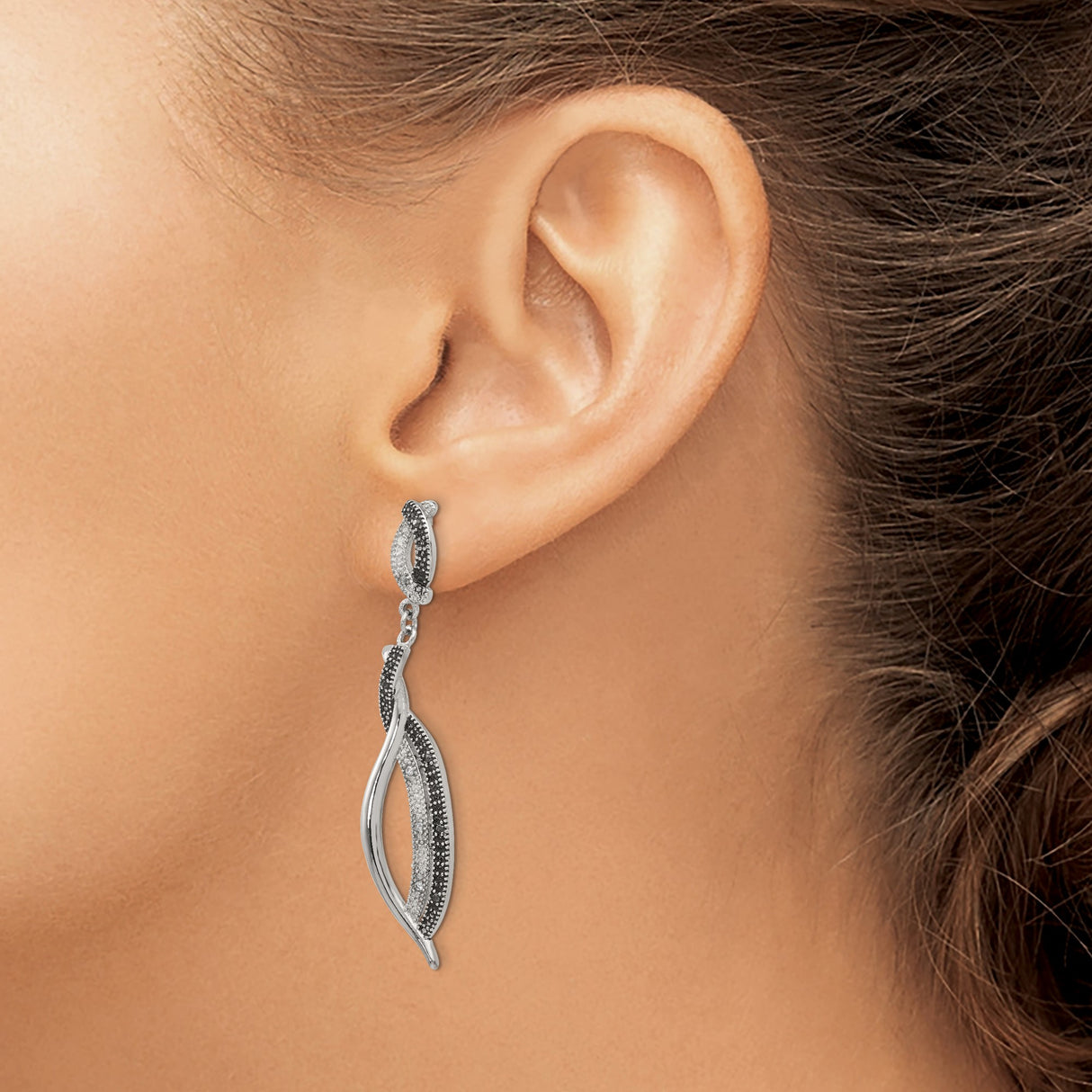 Stainless Steel Dangle Earrings with Cubic Zirconia, Twisted Design, Black and Clear Crystals