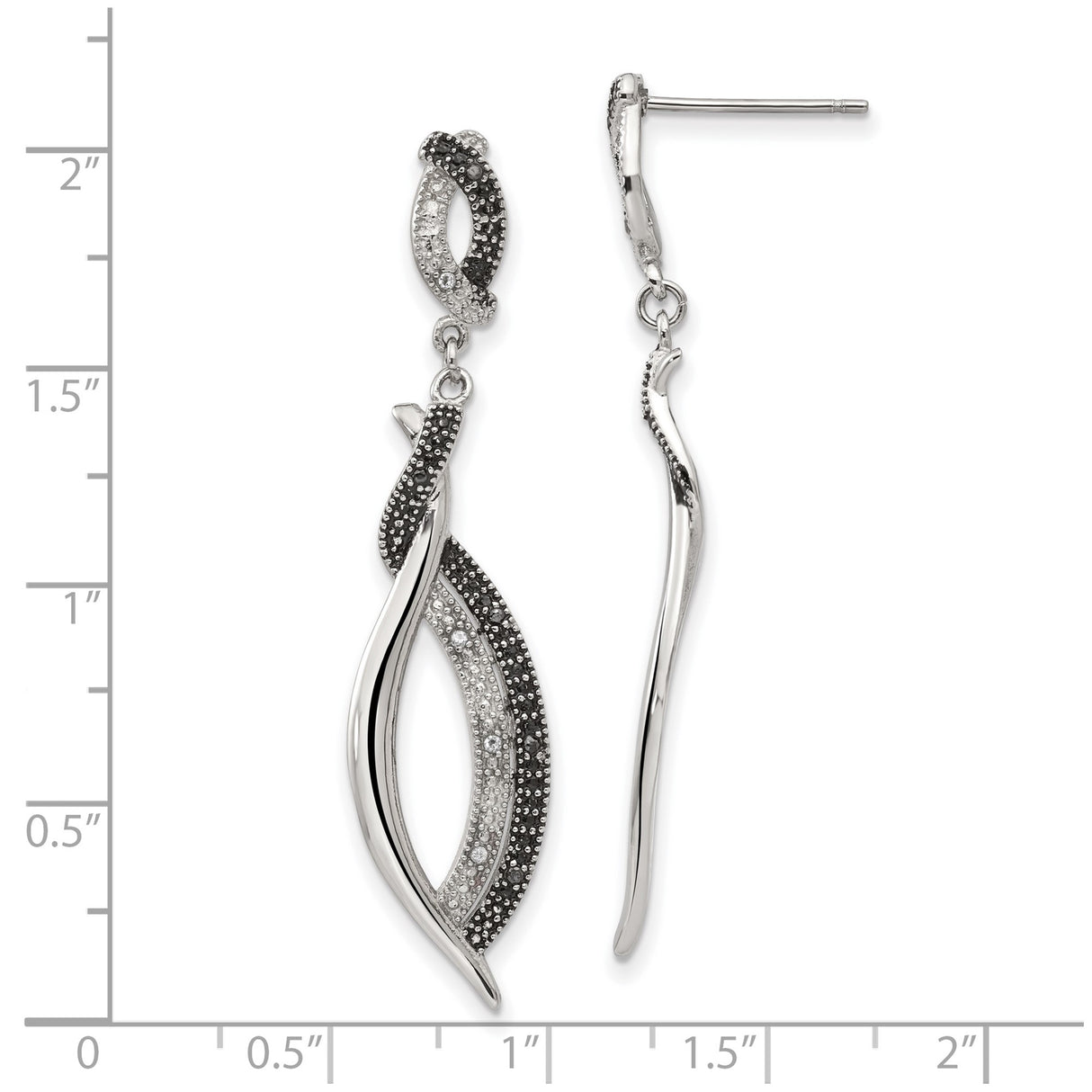 Stainless Steel Dangle Earrings with Cubic Zirconia, Twisted Design, Black and Clear Crystals