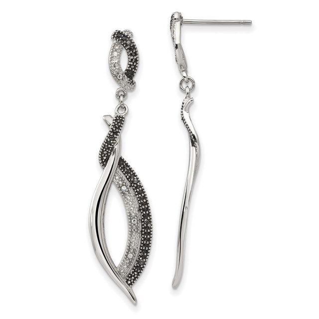 Stainless Steel Dangle Earrings with Cubic Zirconia, Twisted Design, Black and Clear Crystals