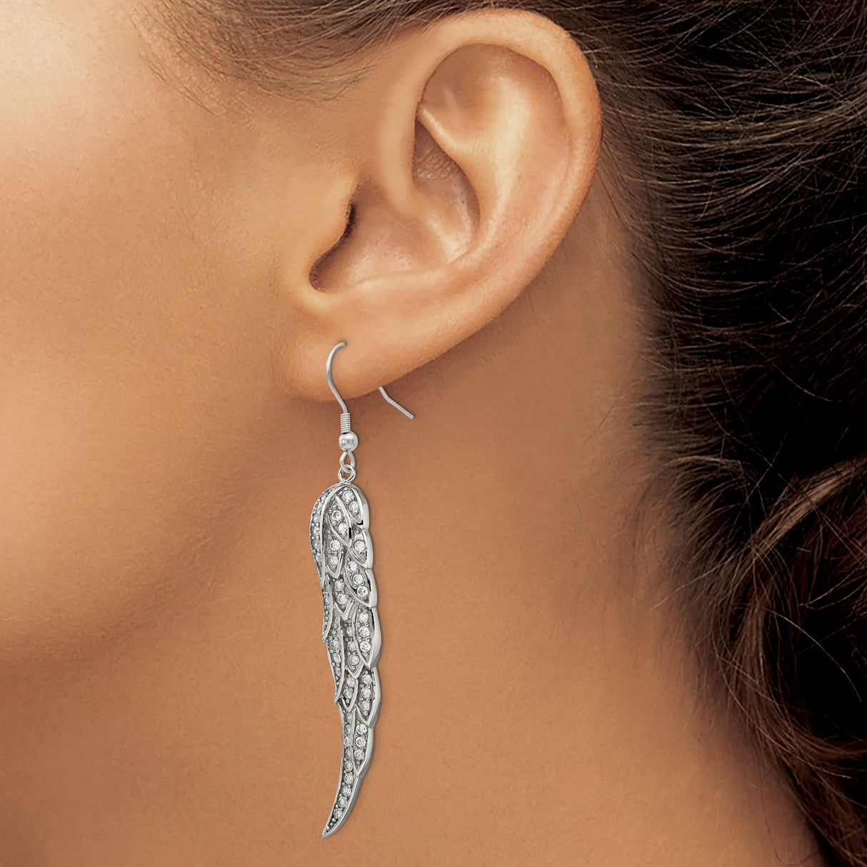 Stainless Steel Angel Wing Drop Earrings with Cubic Zirconia, Spiritual Memorial Design