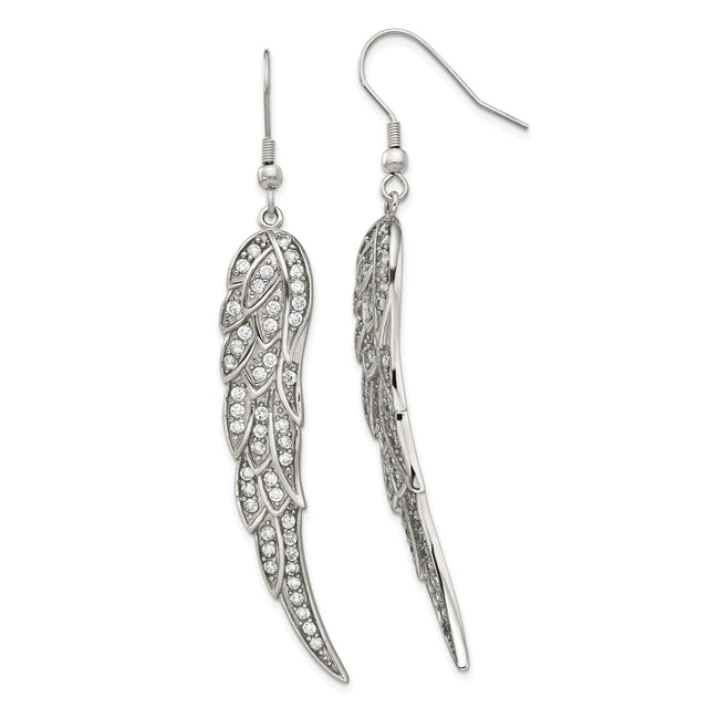 Stainless Steel Angel Wing Drop Earrings with Cubic Zirconia, Spiritual Memorial Design