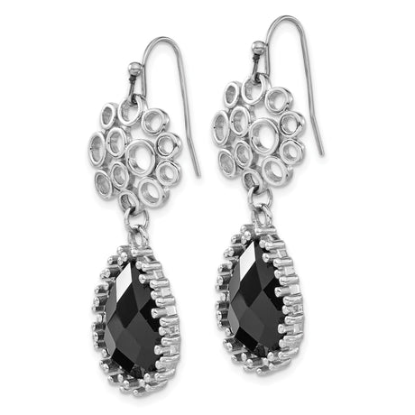 Stainless Steel Dangle Earrings with Onyx Teardrop, Linked Circle Design for Women