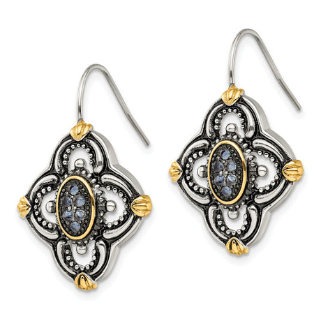 316 Stainless Steel Drop Earrings with Blue Glass Crystal, Black and Gold Floral Design, Vintage Gothic Style