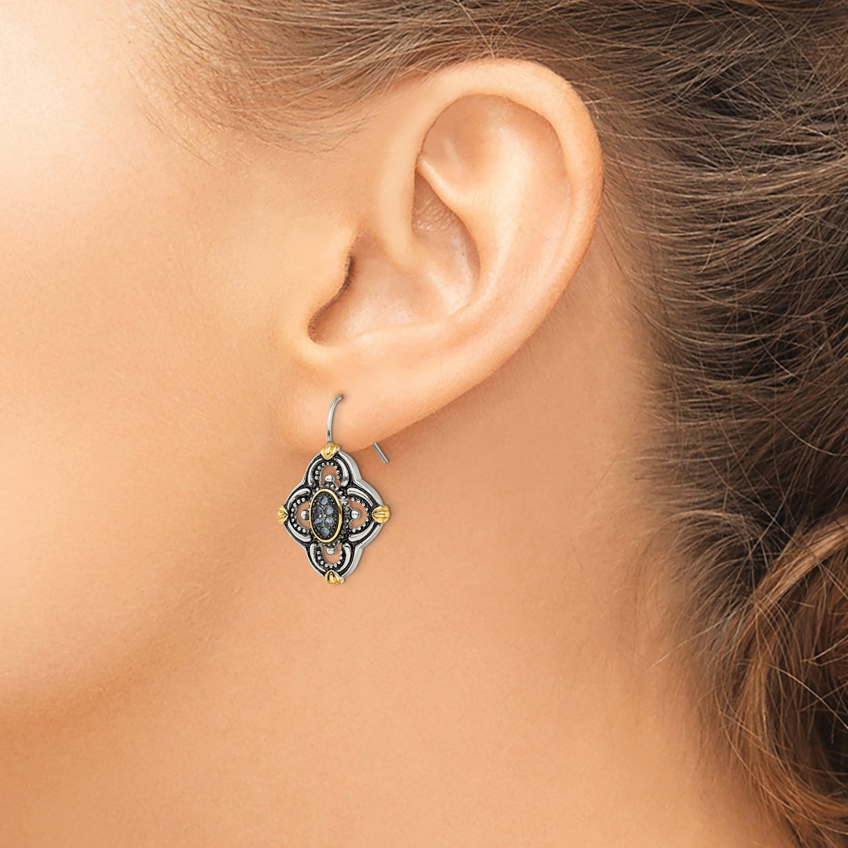 316 Stainless Steel Drop Earrings with Blue Glass Crystal, Black and Gold Floral Design, Vintage Gothic Style