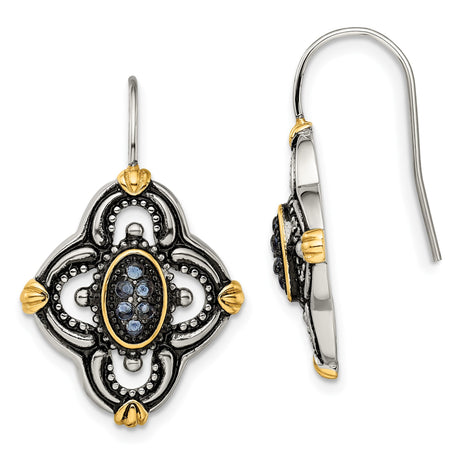 316 Stainless Steel Drop Earrings with Blue Glass Crystal, Black and Gold Floral Design, Vintage Gothic Style