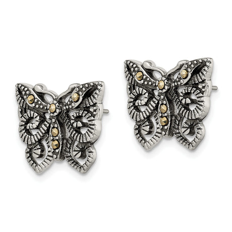 Stainless Steel Butterfly Stud Earrings with Marcasite, Filigree Vintage Style