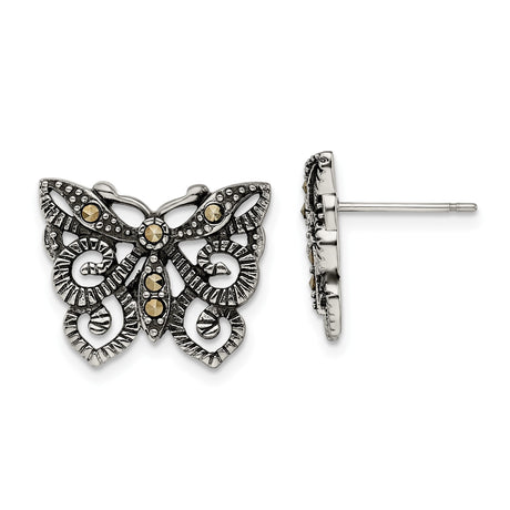 Stainless Steel Butterfly Stud Earrings with Marcasite, Filigree Vintage Style