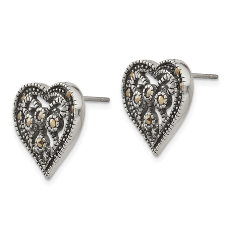 Stainless Steel Stud Earrings with Marcasite, Heart Shape and Vintage Filigree Design