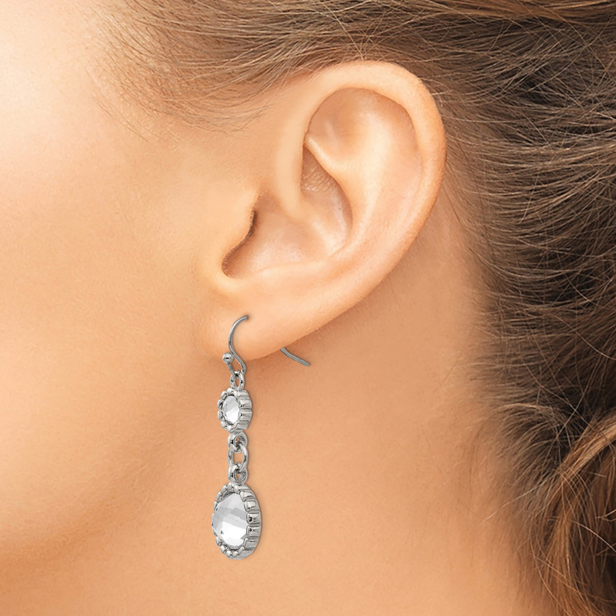 Stainless Steel Dangle Earrings with Clear Glass Crystals, Floral Edging, Lightweight Design