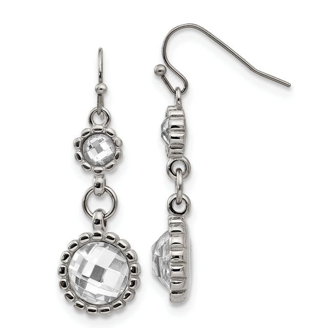 Stainless Steel Dangle Earrings with Clear Glass Crystals, Floral Edging, Lightweight Design