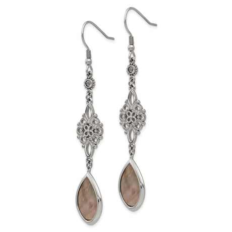 Stainless Steel Dangle Earrings with Cubic Zirconia and Teardrop Mother of Pearl Inlay, Floral Filigree Design
