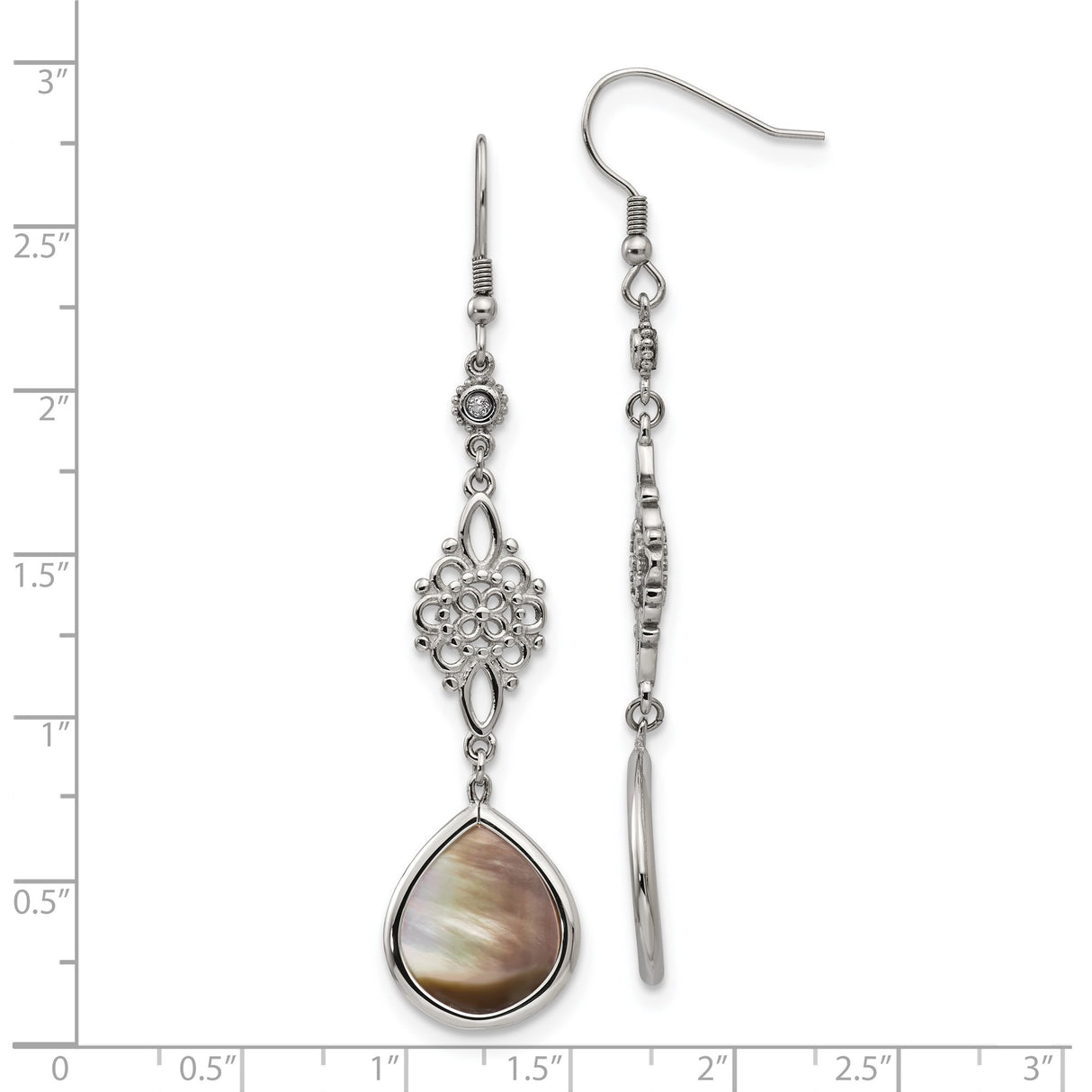 Stainless Steel Dangle Earrings with Cubic Zirconia and Teardrop Mother of Pearl Inlay, Floral Filigree Design