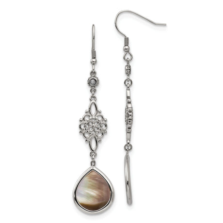 Stainless Steel Dangle Earrings with Cubic Zirconia and Teardrop Mother of Pearl Inlay, Floral Filigree Design