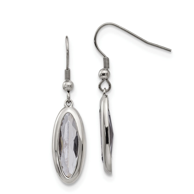 Stainless Steel Drop Earrings with Clear Faceted Glass Crystals in Bezel Setting