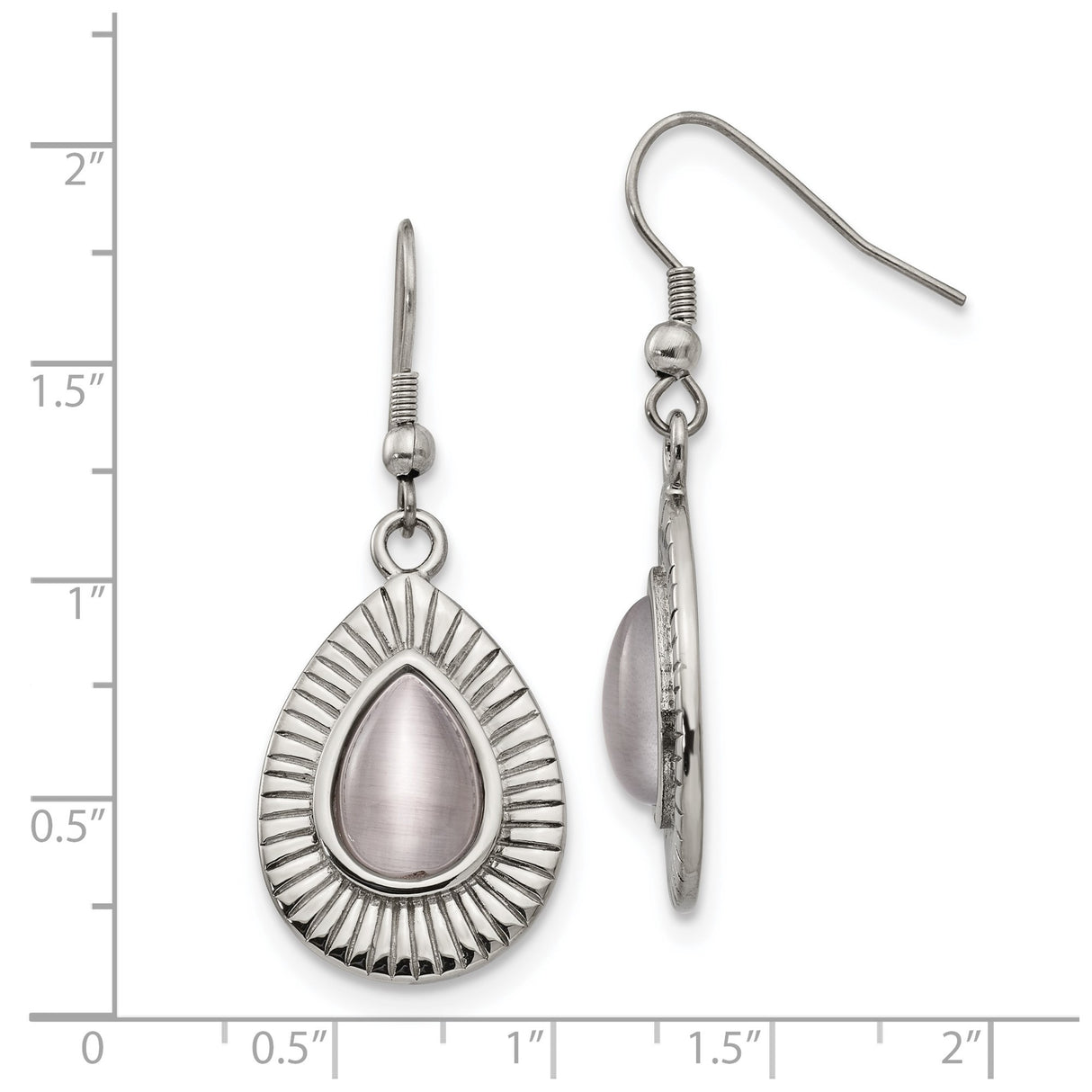 Stainless Steel Teardrop Dangle Earrings with Pink Cats Eye, Sunburst Design