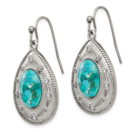 Stainless Steel Teardrop Dangle Earrings with Turquoise and Cubic Zirconia, Boho Southwestern Style