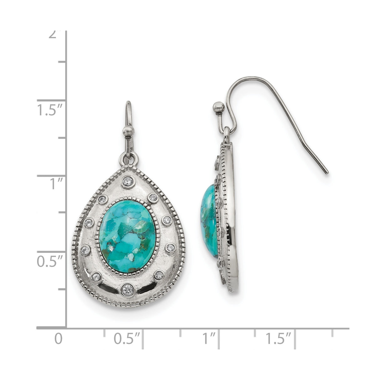 Stainless Steel Teardrop Dangle Earrings with Turquoise and Cubic Zirconia, Boho Southwestern Style