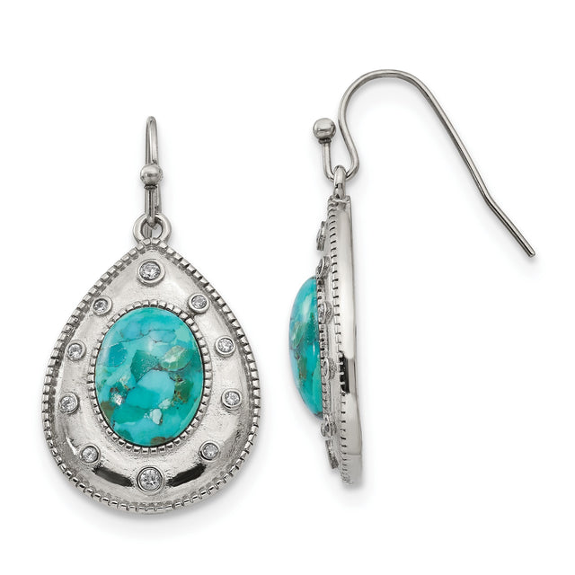 Stainless Steel Teardrop Dangle Earrings with Turquoise and Cubic Zirconia, Boho Southwestern Style