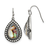 Stainless Steel Teardrop Dangle Earrings with Abalone Shell, Beaded Border, Bohemian Style