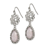 Stainless Steel Dangle Earrings with Teardrop Rose Quartz, Beaded Bezel Setting, Open Circle Design