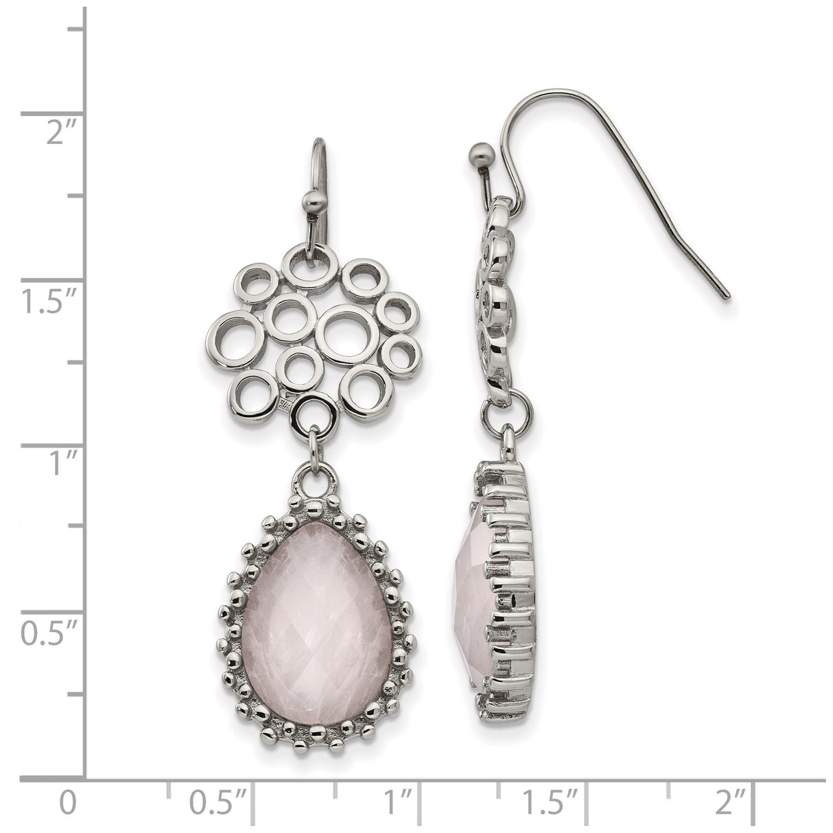 Stainless Steel Dangle Earrings with Teardrop Rose Quartz, Beaded Bezel Setting, Open Circle Design