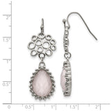 Stainless Steel Dangle Earrings with Teardrop Rose Quartz, Beaded Bezel Setting, Open Circle Design