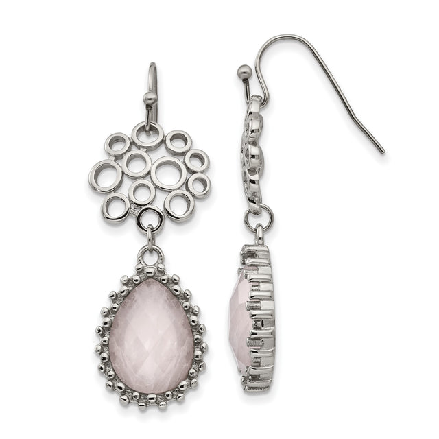 Stainless Steel Dangle Earrings with Teardrop Rose Quartz, Beaded Bezel Setting, Open Circle Design