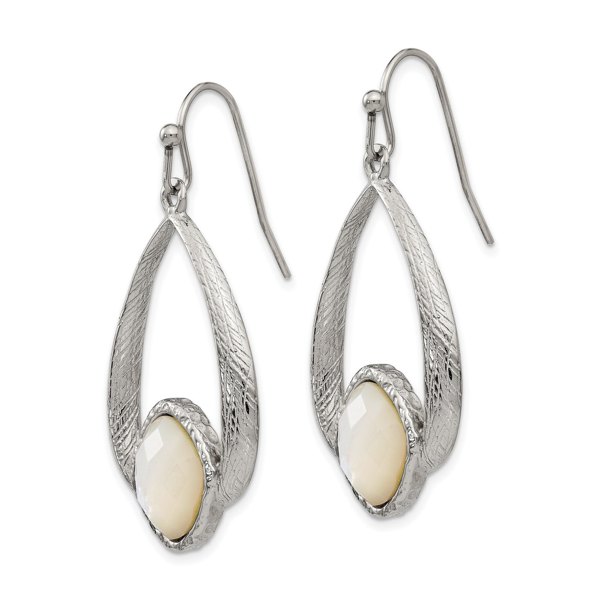 Stainless Steel Teardrop Dangle Earrings with Mother of Pearl Inlay and Brushed Finish