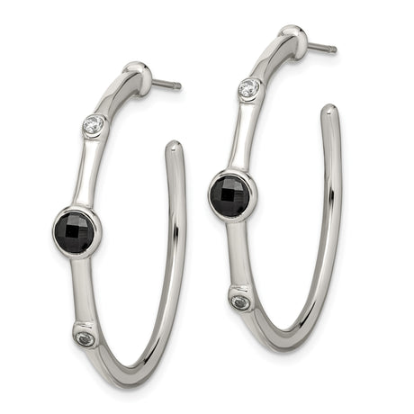 Stainless Steel Hoop Earrings with Onyx and Cubic Zirconia, Polished Minimalist Design