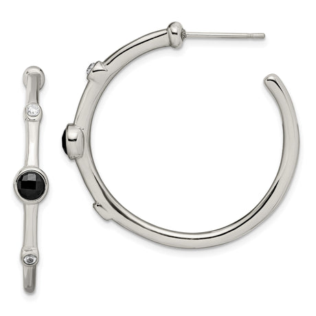 Stainless Steel Hoop Earrings with Onyx and Cubic Zirconia, Polished Minimalist Design