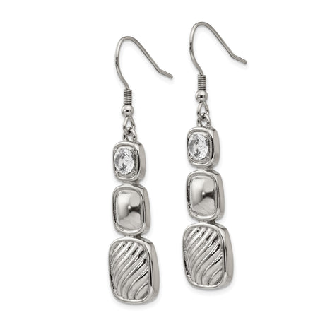 Stainless Steel Dangle Earrings with Cubic Zirconia, Square Drop Design, Geometric Style