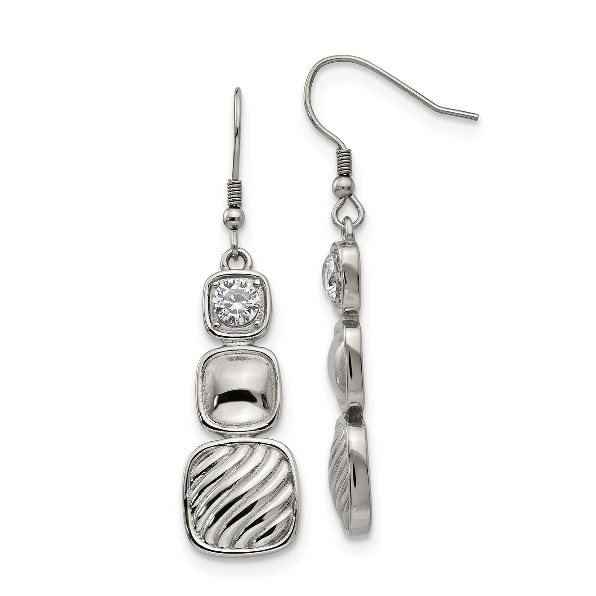 Stainless Steel Dangle Earrings with Cubic Zirconia, Square Drop Design, Geometric Style