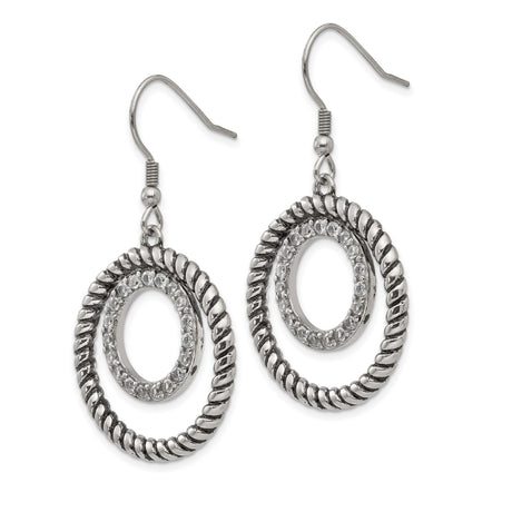 Stainless Steel Dangle Earrings with Cubic Zirconia, Twisted Rope and Double Circle Design