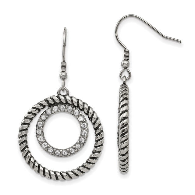 Stainless Steel Dangle Earrings with Cubic Zirconia, Twisted Rope and Double Circle Design