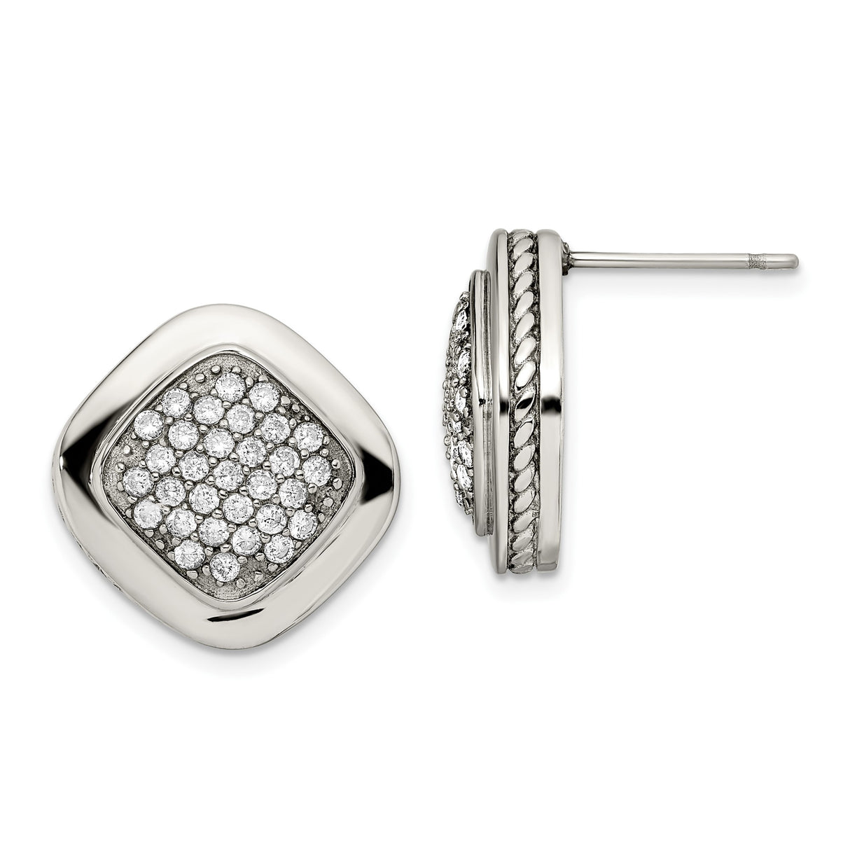 Stainless Steel Cushion Cut Cubic Zirconia Stud Earrings with Rope Edge Detailing