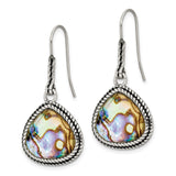 Stainless Steel Teardrop Earrings with Abalone Inlay, Rope Border, Boho Ocean Style
