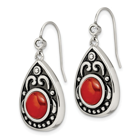 Stainless Steel Teardrop Dangle Earrings with Cubic Zirconia and Red Agate, Boho Vintage Style