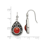 Stainless Steel Teardrop Dangle Earrings with Cubic Zirconia and Red Agate, Boho Vintage Style